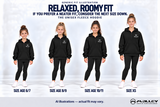 Generic AI fit illustration of the unisex fleece hoody in sizes age 6/7, age 8/9, age 10/11 and XS. Relaxed, roomy fit; consider the next size down for a neater fit. Actual fit may vary.